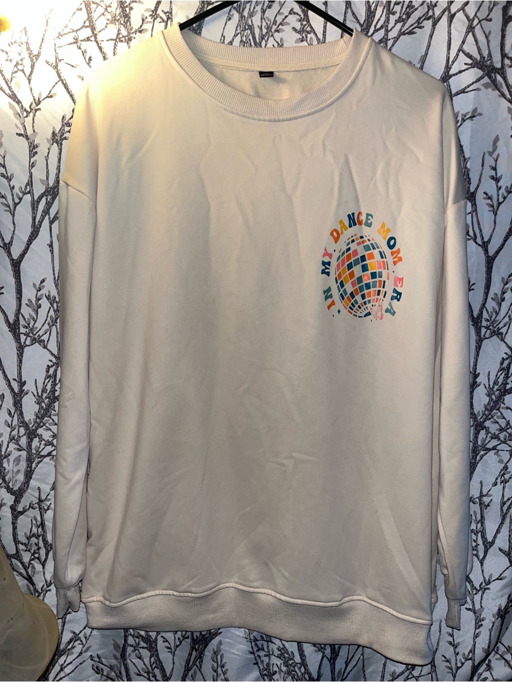 Cream Crewneck Sweatshirt with Colorful Disco Graphic